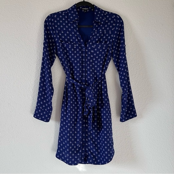 Express Women’s Long Sleeve Dress Button From Xsmall Blue White Novelty Anchor - Picture 1 of 14